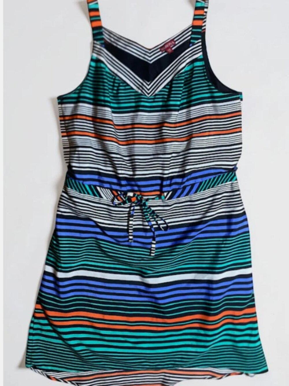 Merona Womens Sundress Large Striped V Neck Tie Waist Colorful Resort wear
